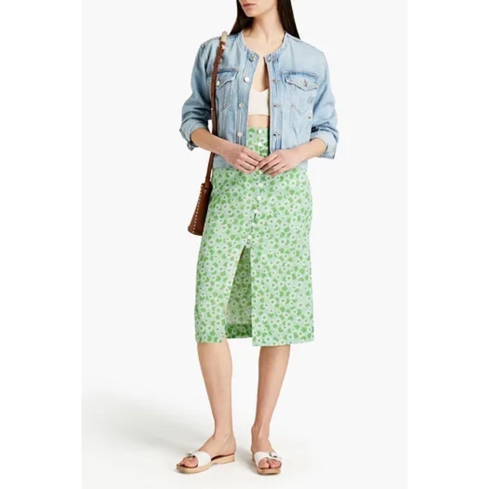 SANDRO Paris Silk & Linen Green Long Floral Print Botton Skirt with slit 0
